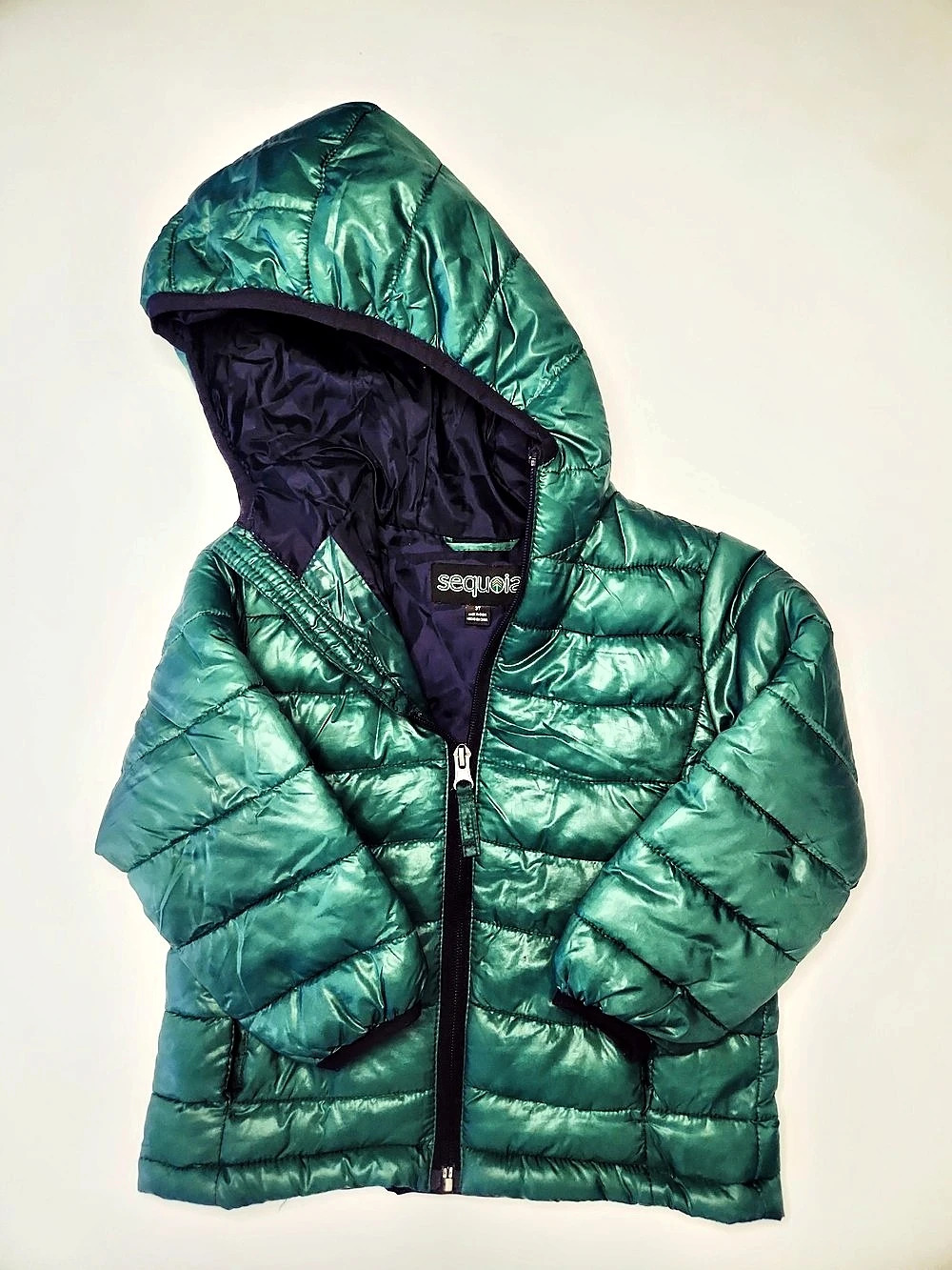 Sequoia Hooded Puffer Jacket in Green & Black Size 4T Like New